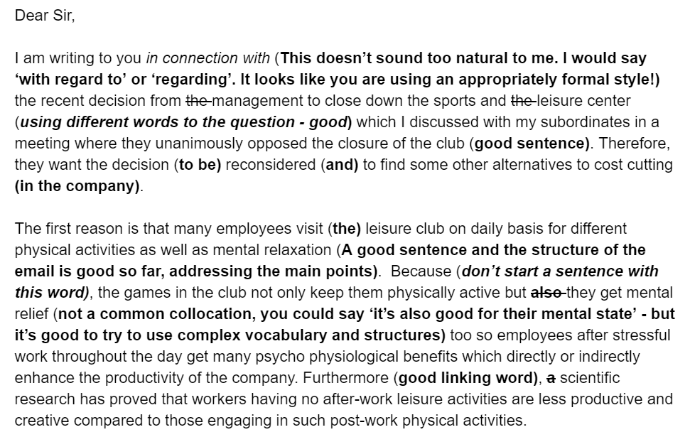 CAE Email Example Feedback From Native English Teacher